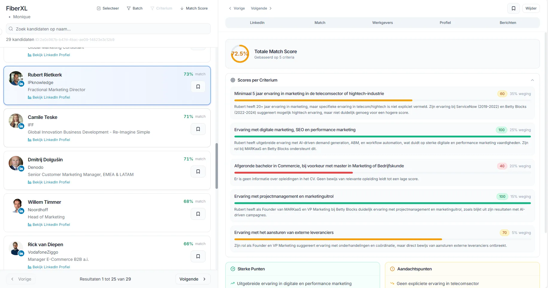 SourceLens match score detail met scores per criterium
