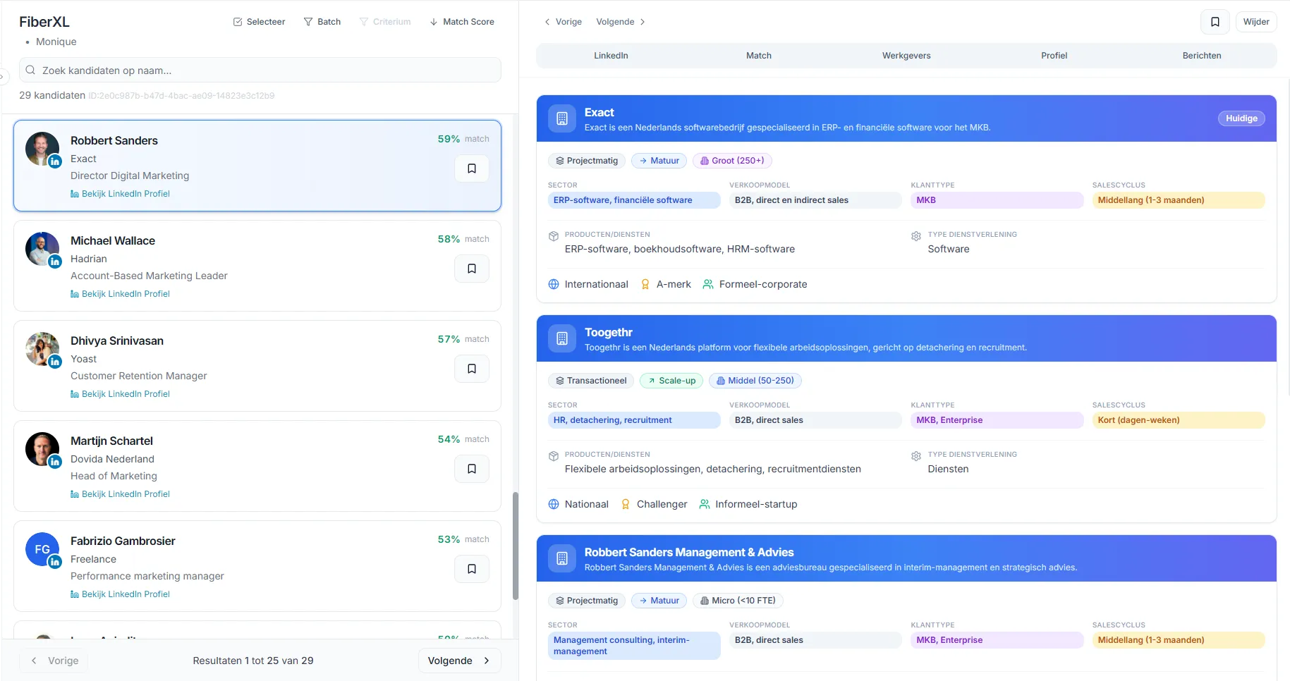 SourceLens kandidatenlijst met werkgevers-tab en employer details