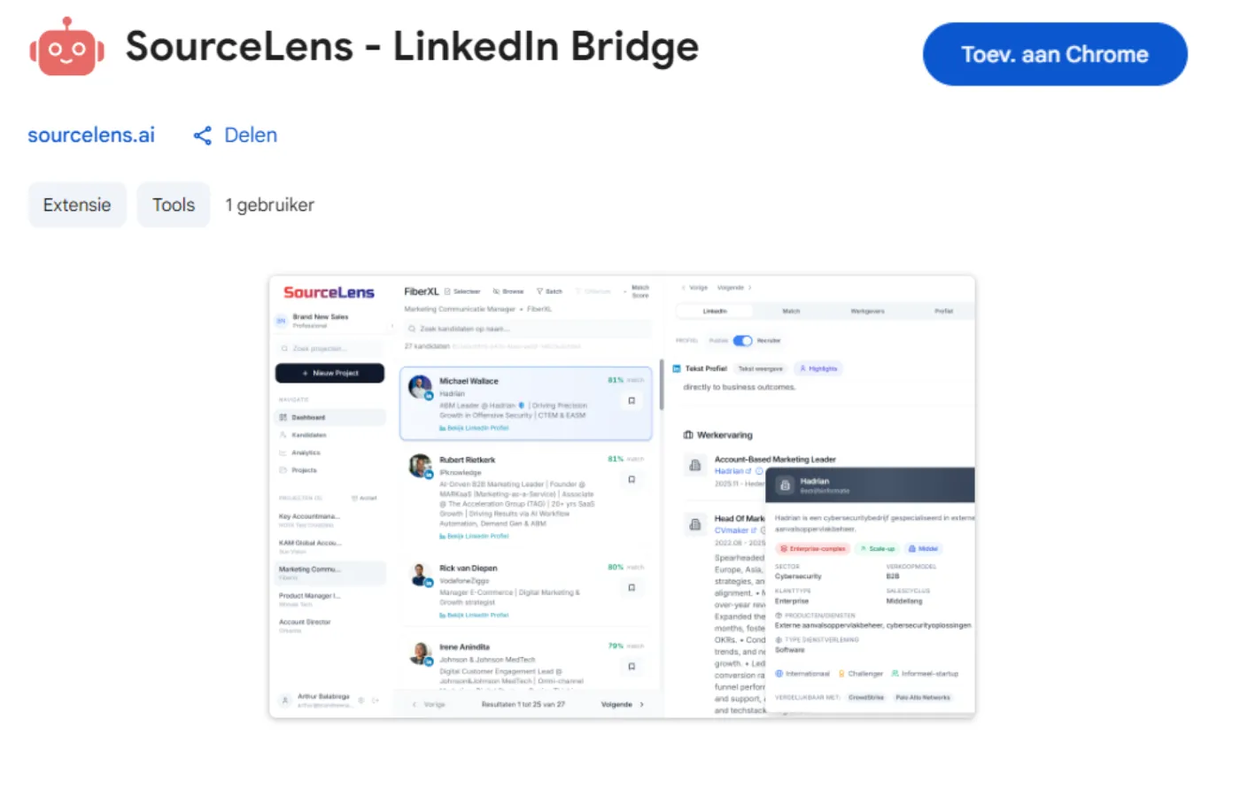 SourceLens Chrome extensie in de Chrome Web Store met dashboard preview