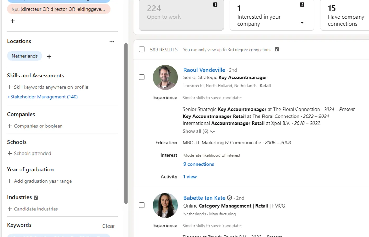 LinkedIn Recruiter zoekresultaten met boolean filters en kandidatenlijst